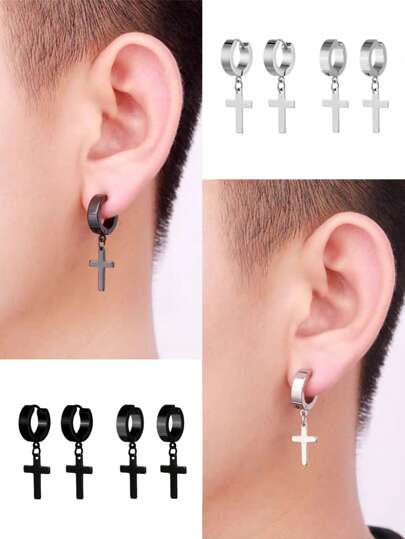 1 par de brincos masculinos com pingente de cruz personalizado, sem piercing, clipes de orelha de aço inoxidável, brincos minimalistas de hip hop para casais, adequados para encontros, férias, festa