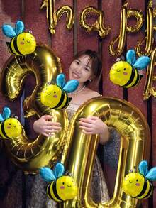 5pcs/Set Bee Balloon Set, 40-Inch Gold & Light Green Number Foil Balloons + Mini Cartoon Bee Balloons, Suitable For Birthday Party Decorations - Multicolor - View 4