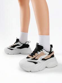 Women's Platform Chunky Fashion Sneakers Walking Lace-Up Comfortable Dad Sneakers Workout Sport Work Casual Tennis Shoes - Đen/Tân - Xem 3