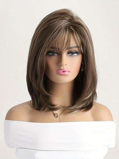 Elegant 16-Inch Curly Wig With Side Bangs For Women - Natural Fluffy Brown Highlights, Light Blonde Synthetic Fiber, Heat Resistant - Perfect For Daily Wear, Prom, Cosplay & Halloween