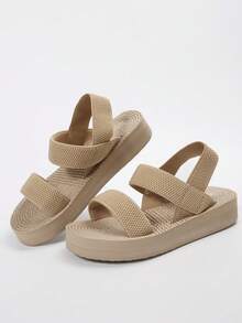 Women Comfortable Platform Wedge Heel Non-Slip Soft Bottom Round Toe Solid Color Sandals - Apricot - View 8