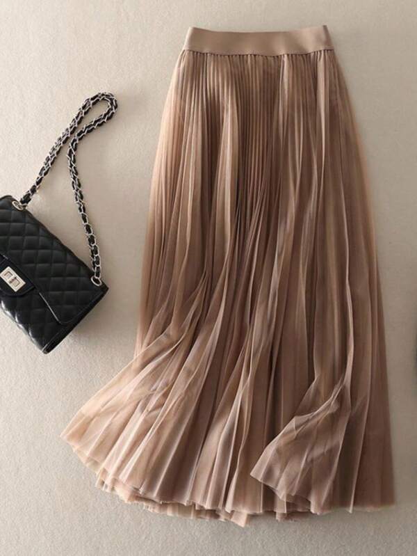 LuminousWealth Elegancka plisowana spódnica damska z siateczki o kroju litery A, idealna na co dzień lub do biura, minimalistyczna i pełna wdzięku | Spódnica z siateczki poliestrowej, odpowiednia na każdą porę roku, idealna na Boże Narodzenie i Nowy Rok