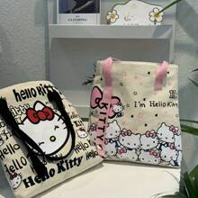 Sanrio 1 Stück Hello Kitty Kosmetiktasche Damen Große Kapazität Einkaufstasche, Reise-Schultertasche, Große Kapazität wiederverwendbare Einkaufstasche faltbar, Damen Segeltuch Tragetasche mit Uhrenarmband - Reißverschluss, Polyester Futter
