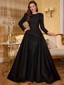 UNITHORSE Round Neck Sequin Patchwork Polyester Waist Fitted Solid Color Fishtail Evening Dress, Bride Dress, Birthday Women Outfits, Graduation Dress, Formal Dress. Fall Women Clothes - màu đen - Xem 4