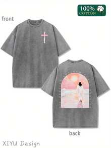 Cross, Jesus Elegant Pattern Printing, An Old Washed T-Shirt With Retro Street Style. Simple And Versatile, Pure Cotton Is Of High Quality, Novel And Fashionable, And It Is A Must-Have Fashion Item In Spring And Summer. - 灰色 - 查看 1