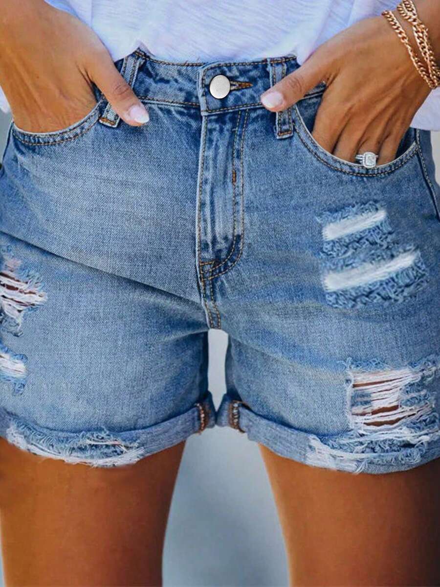 Women's Fashionable Distressed Washed Versatile Casual Denim Shorts - Blue - View 1