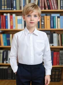 5-14岁男童经典全棉白色长袖衬衫，带口袋，柔软绅士风，适合学校、毕业典礼、演出、正式派对、晚宴等场合。