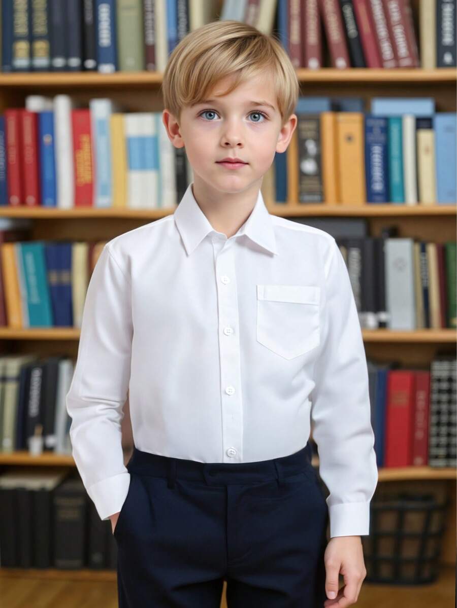 5Y-14Y Boys' Classic All-Cotton White Long Sleeve Dress Shirt With Pocket, Soft Gentlemanly Shirt Suitable For School, Graduation, Performance, Formal Party, Dinner