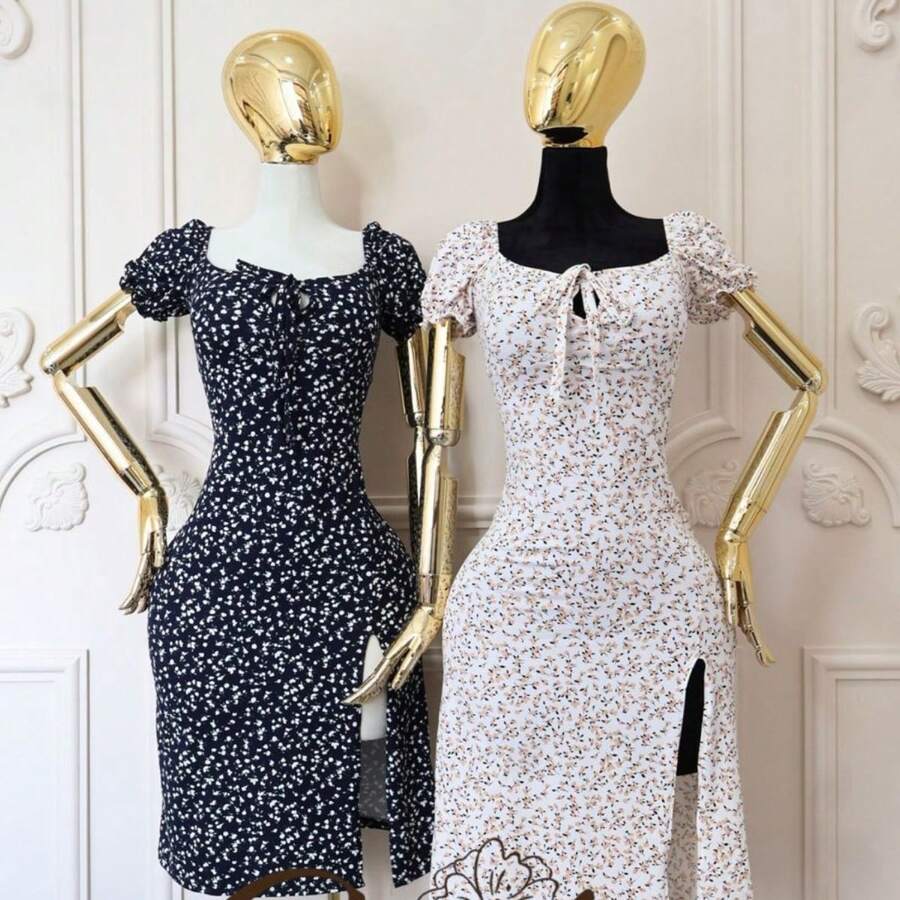 CUTE Vestido Con Estampado Floral De Hombros Descubiertos Con Abertura Y Cinturón En La Cintura Adecuado Para El Verano Dama Mujer - Negro - Ver 1