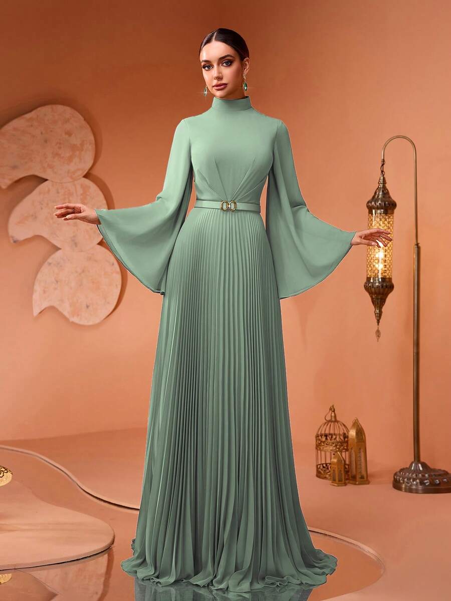 AMILUCK 奢华时尚优雅女士喇叭袖褶皱宽松雪纺长裙，配可拆卸金属扣腰带，适合正式晚宴、婚礼宾客等场合（尺码偏大，请在订购时查看尺码表）