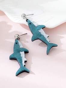 1 对可爱鲨鱼图案海滩度假珠宝耳环，适合女士，是派对和度假的完美礼物 - 藍色 - 查看 3