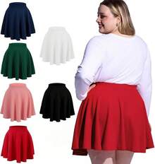 Women's Plus Size Mini Skater Skirt- Basic Versatile High Waisted Flared Casual Stretchy Skirts - Đỏ - Xem 4