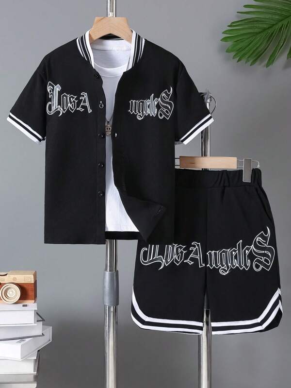 Conjunto de 2 peças de camiseta de manga curta e shorts canelados com estampa gráfica Los Angeles para meninos mais velhos, moda casual, primavera/verão