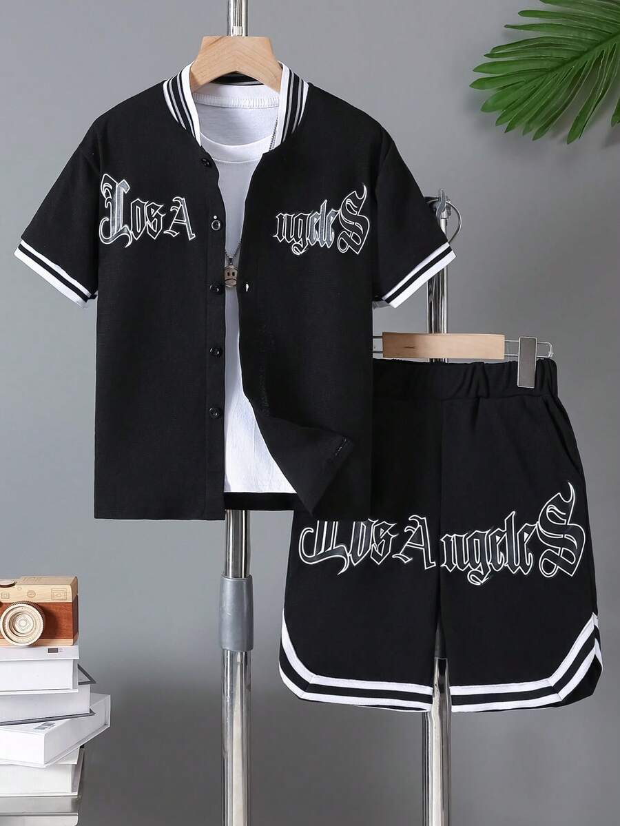 2件套大童休闲时尚洛杉矶图案印花短袖T恤和罗纹短裤套装，春夏