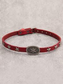 1pc Vintage Punk Square Studded PU Leather Choker Necklace, Black & Red, Suitable For Couples, Gift For Girlfriend