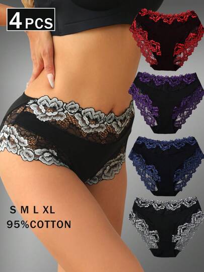 4pcs Floral Lace Cotton Briefs, Sexy Comfy Breathable Stretchy Intimates Panties