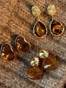 2pcs Vintage Amber-Color Resin Alloy Ear Studs, Suitable For Women's Daily Wear Jewelry, Christmas Gift, Holiday Gift, Singles Party Gift