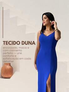 Long Plain Dress With Slit And Adjustable Straps For Wedding Party Bridesmaid Guest - 寶藍色 - 查看 4