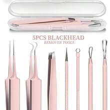 5pcs Blackhead Remover Kit Tool Kit, 2 Blackhead Extractors, 1 Internal Hair Tweezer, 2 Acne Extractors, For Facial Acne Tools - Pink - View 2