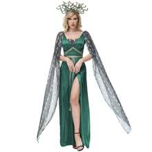 Halloween Performance Costume Export Version Dark Green Snake Print Split Long Dress Mythical Siren Medusa Costume
