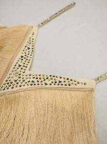 NIKBK Vestidos cortos de cóctel para mujer con tirantes de espagueti, escote en V, sexy, con strass y flecos, corpiño discreto