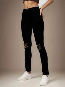 Women's Y2K Low Waist Non Elastic Loose Straight Leg Jeans, Paired With Torn Hole Decoration, Suitable For Street Hip-Hop, Parties, Birthday Parties, Rap, Music Festivals, Concerts, Rebellious Girls - 黑色 - 查看 4