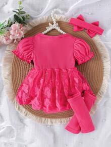 1 pieza Mameluco corto de manga corta con encaje y malla, con volantes florales para bebé/niña pequeña, de tela fina, para verano - Rosa Fucsia - Ver 2