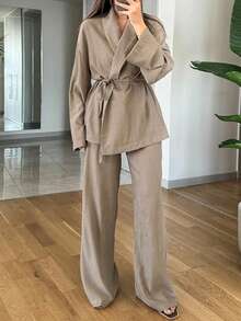 女士休闲抽绳腰宽松长裤和长袖开衫两件套，纯色夏季 - 卡其色 - 查看 4