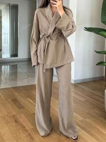 Conjunto de 2 piezas de pantalones con cintura ajustable y casuales + cardigan de manga larga, de unicolor para el verano