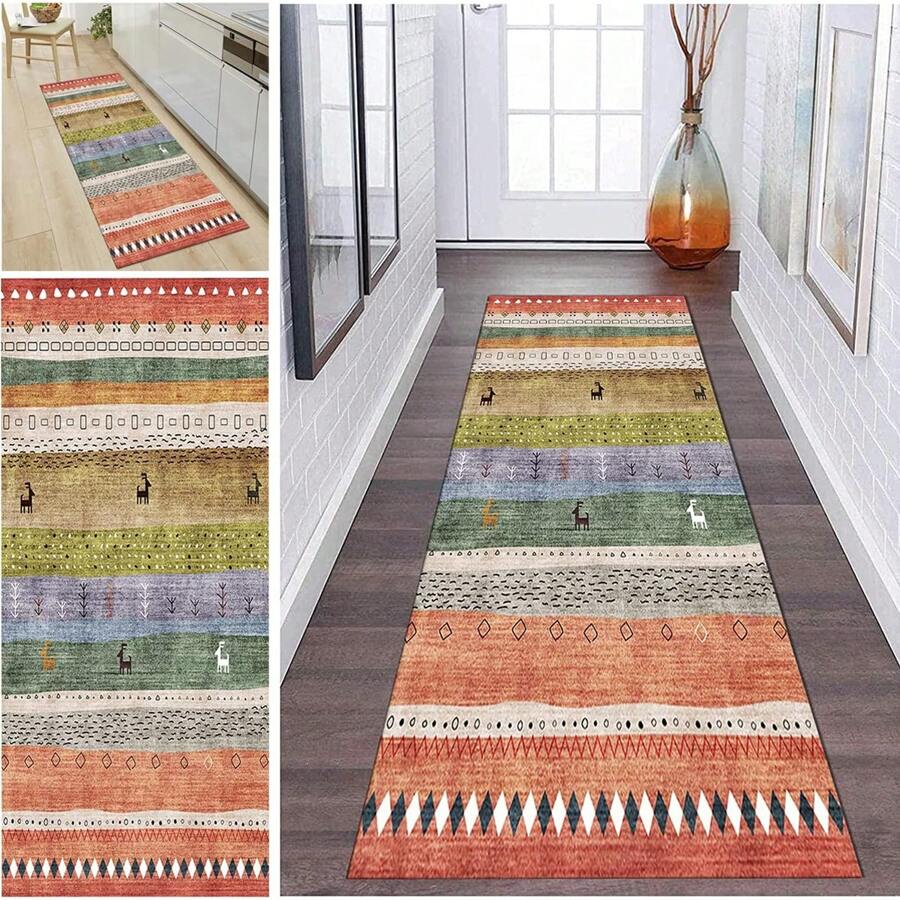 1 pieza Alfombra suave de cocina, Felpudo lavable antideslizante, Alfombra camino, Felpudo, Juego de alfombrillas de baño, sala de estar, lavandería, Alfombra de área, Decorativa apta para cocina, sala de estar, entrada, balcón, decoración del hogar, anti-suciedad, cafetería, bar, fiesta, regalo festivo, Alfombra de piso de dormitorio, Alfombra de baño, Decoración de habitación, Decoración de cocina, Diseño de reno en marco azul y blanco a rayas de fondo colorido