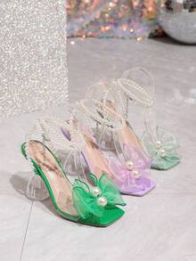 Women's Summer Fashion Crystal Bowknot High Heel Square Toe Sandals, Silver - Mauve Purple - View 12