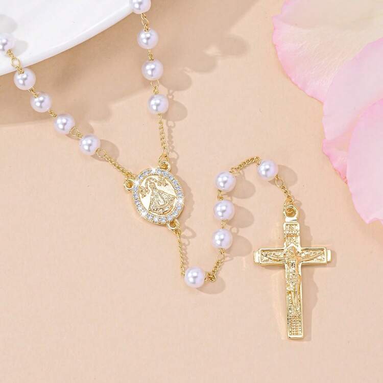 1 pièce Collier de chapelet catholique, pendentif croix et cœur, breloque de la Vierge Marie, perles de verre, excellent cadeau pour la fête des mères, fête religieuse, service religieux