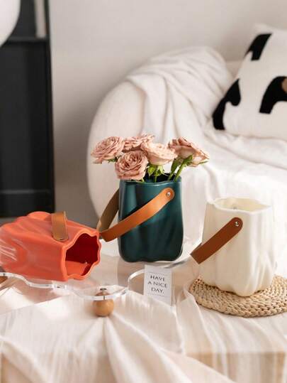 波西米亚风格带柄塑料花瓶 - 北欧设计，适合干花和鲜花，瓷质饰面，非常适合家居和卧室装饰