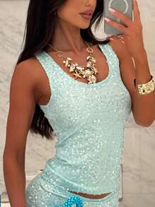 Women Sequin Outfits Summer Y2K Sequin Sleeveless Crop Tank Tops And Mini Skirt Set For Streetwear Clunwear Party Going Out Clothes