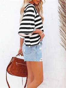 Casual Minimalist Striped Pattern Round Neck Short Sleeve Loose Women's T-Shirt, Suitable For Summer, Oversized T Shirt - Black - View 5