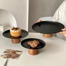1pc Stainless Steel Cake Stand With Wooden Base, Multi-Functional Dessert Display Plate, Fruit Tray Suitable For Dining Table Decor, Home And Kitchen Use, Ramadan