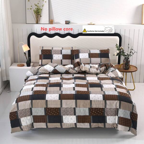 3pcs Printed Brushed Duvet Set [1pc Duvet Cover + 2pcs Pillow Shams] No Bed Sheet, No Filler, New Check Pattern, Popular Floral Design, Soft And Comfortable Fabric, Suitable For Bedroom, Hotel, Dormitory, Hostel