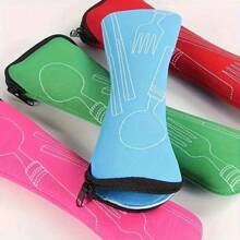 1 pieza Bolsa de almacenamiento para juego de cubiertos de acero inoxidable multicolor | Estuche reutilizable para transportar - 24 cm, para trabajo, escuela y viajes al aire libre, sin incluir tenedor, cuchara, cuchillo, accesorios de picnic