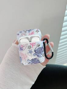 1 件海底世界海龟、海星、珊瑚印花透明耳机盒带挂钩，兼容 Apple 蓝牙耳机（仅盒子，不含耳机）