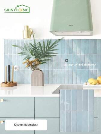 1/10/30 件蓝色砖纹仿瓷砖自粘墙贴，即撕即贴墙砖，防水壁纸，适用于客厅厨房后挡板浴室家居，Zellige 风格