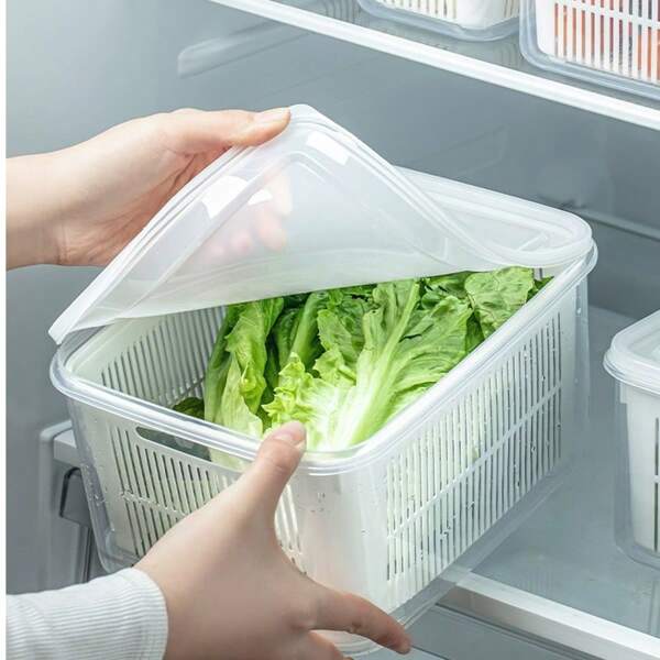 Refrigerator Storage Box, Household Double-Layer Food Draining. Preservation Bin, Multi-Functional Large-Capacity Food Storage Case, Suitable For Fruits, Vegetables, Meat, Kitchen Organization.Storage Room Supplies, Kitchen Accessories