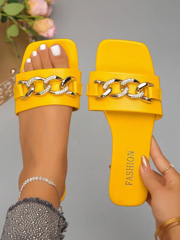 Solid Color Bohemian Chain Flat Sandals Women, 2025 Summer New Overseas Plus Size Casual Slip-On Slippers