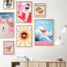 1 pezzo cartellone d'arte da parete con stampa retrò del club sciistico francese, croissant, pizza, opzionale con cornice, decorazione per la casa - Multicolore - Visualizzare 1