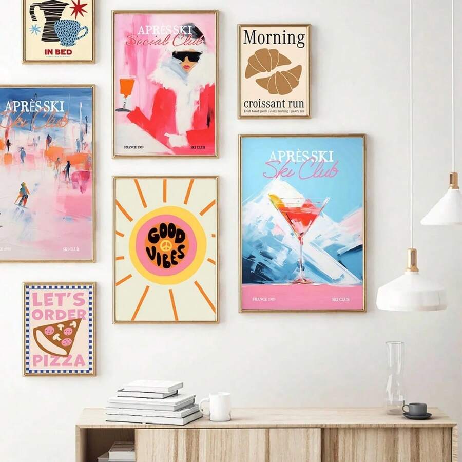 1 pezzo cartellone d'arte da parete con stampa retrò del club sciistico francese, croissant, pizza, opzionale con cornice, decorazione per la casa - Multicolore - Visualizzare 1