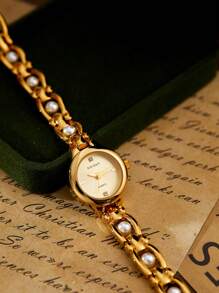 1 peça relógio feminino vintage luxuoso elegante com pérolas e pulseira à prova d'água, adequado para presentes de Natal