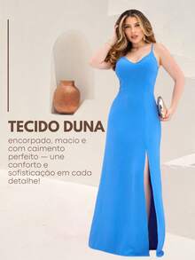Long Plain Dress With Slit And Adjustable Straps For Wedding Party Bridesmaid Guest - 藍色 - 查看 7