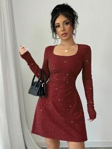 abyoxi Red Color Square Neck Long Sleeve Slim Fit Waist Detail A-Line Mini Party Dress With Flash Fabric,Dating,Romantic,Simple,Hot Girl,Fashionable,Valentine's Day,Back To School,Fall/Winter Clothes For Women