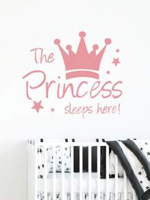 1pc Crown Wall Decals Princess Sleep Here Wall Stickers Little Crown Star Art Quotes Wall Decal Removable DIY Mural Art Words With Flower Quotes Vinyl Decal For Home Decorations, For Girls Bedroom Living Room Nursery Home Background Decoration, Rama Decoration Stickers Gifts Birthday Graduation