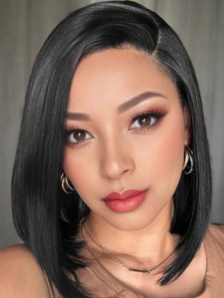 Short Bob Straight Synthetic Wig Ombre Wig Black To Red Side Part Daily Cosplay Party Wig 14 Inches Bowl Cut Wig Heat Resistant Fiber Synthetic Wigs For Women Black Red - Black - View 1