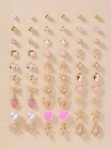 30 Pairs/Set Assorted Metal Faux Pearl Stud Earrings, Cute Minimalist Fashion Designs Including Heart, Rhinestone, Star, Square, Bow, Strawberry, Coconut Tree, Snowflake, Versatile For Daily Wear, Holiday Gift For Women
